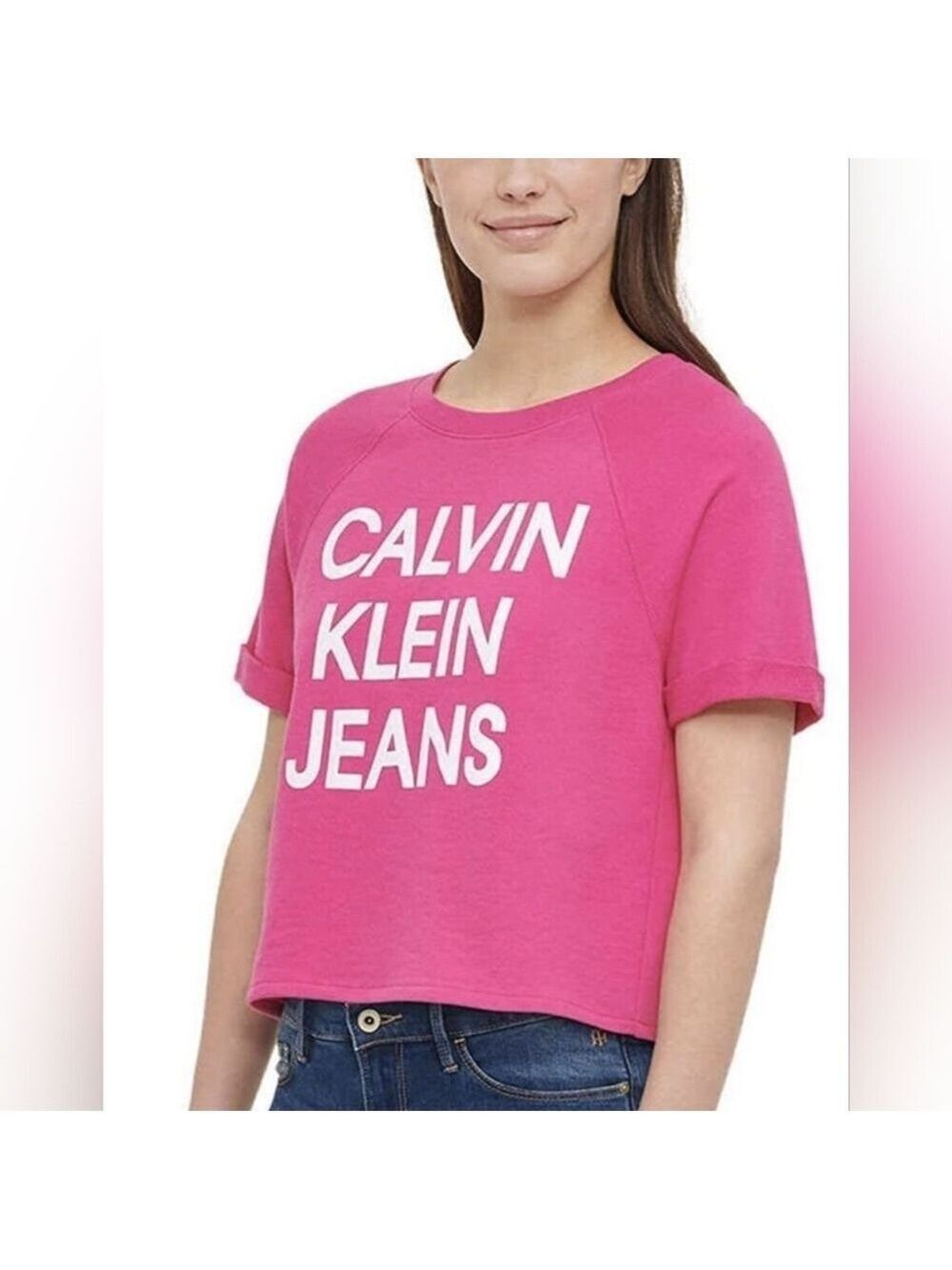 Calvin Klein Jeans French Terry Knit Chic Crop Top, Pink, White Letters, Small